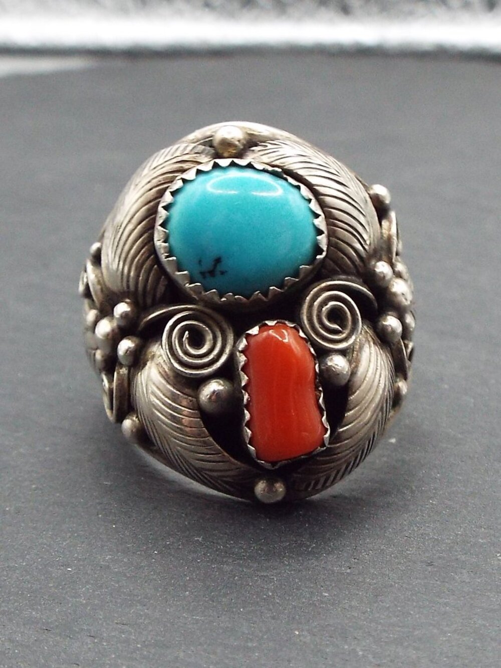 NAVAJO JOE SILVERS THUNDERBIRD STERLING TURQUOISE & CORAL 13 GR. SZ. 11 RING 65